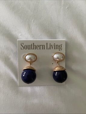 Southern Living Pearl Top with Navy Orb Drop Earrings